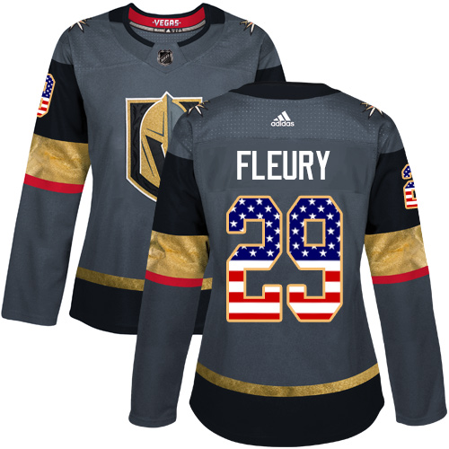 Adidas Golden Knights #29 Marc-Andre Fleury Grey Home Authentic USA Flag Women's Stitched NHL Jersey - Click Image to Close